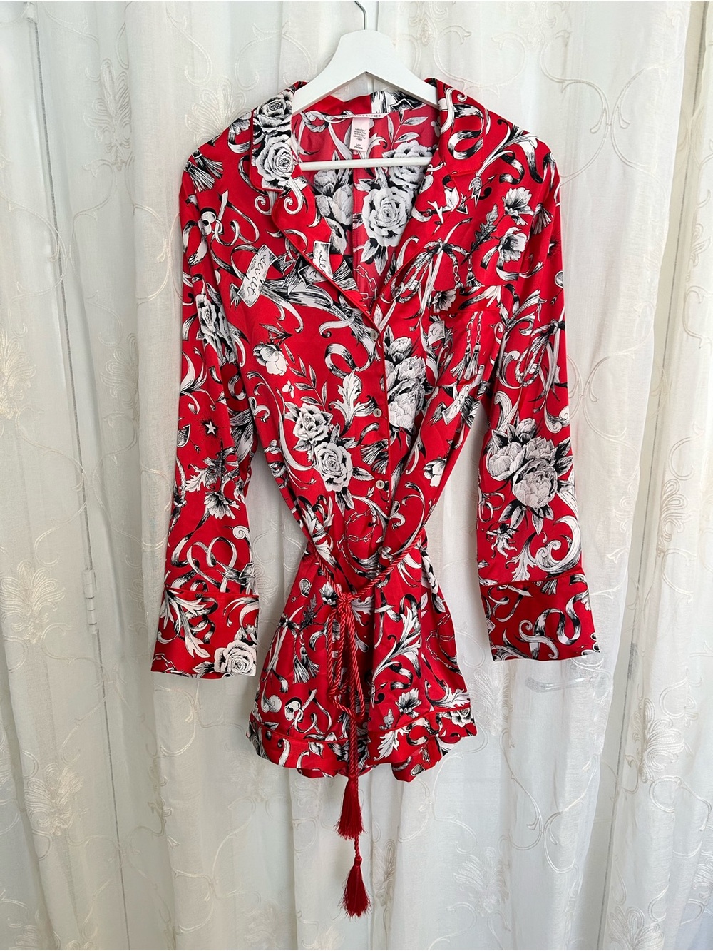 Victoria's Secret Red Satin Floral Sleep Romper with Tassel Belt Large